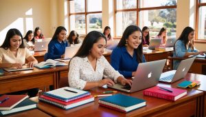 A university classroom with students using laptops and digital tools