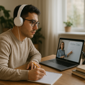 Online student focused on a virtual class from home using a laptop